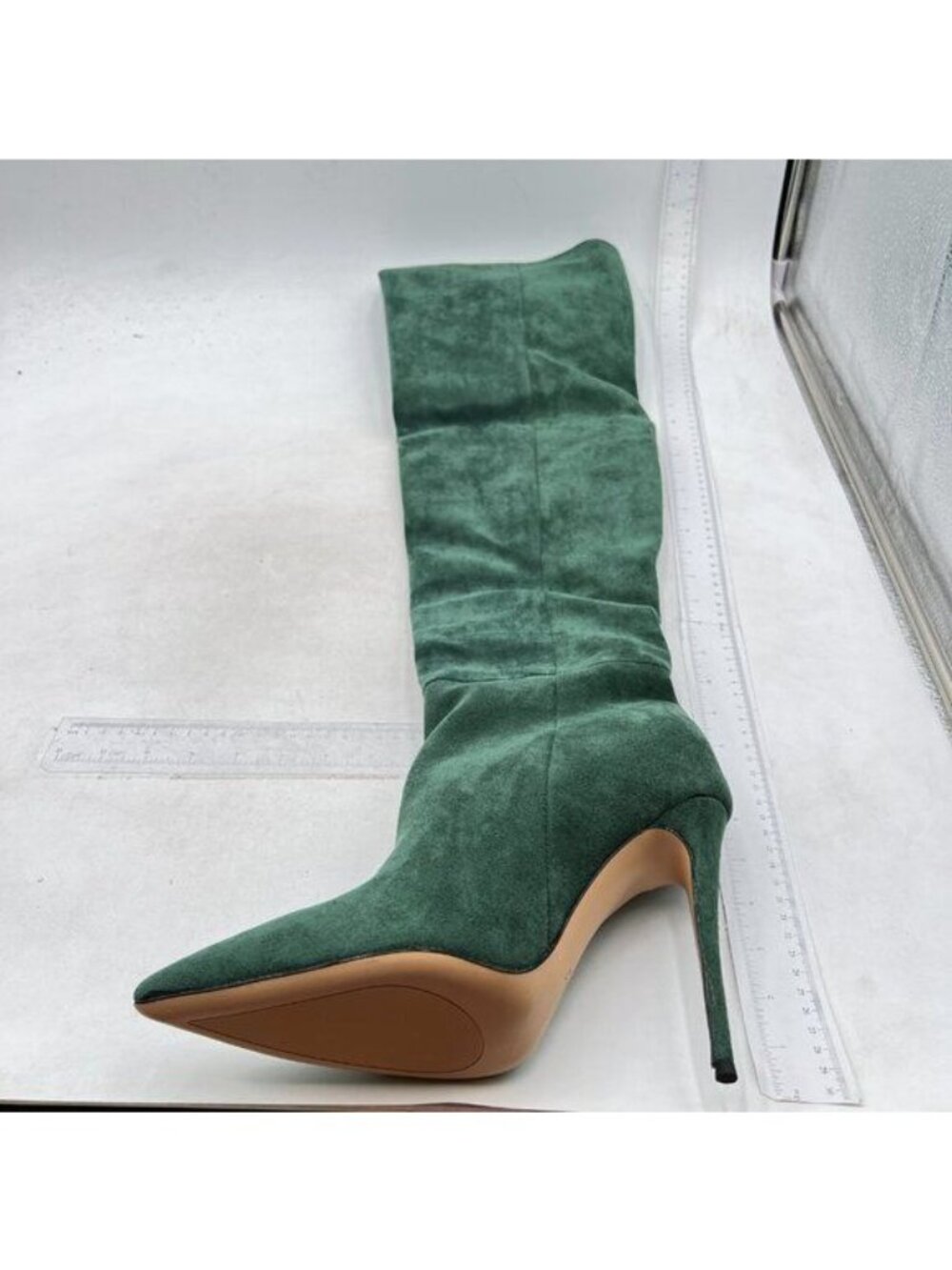 Women Chic Faux Suede Knee High Long Boots Pointed Toe High Heel Shoes Green